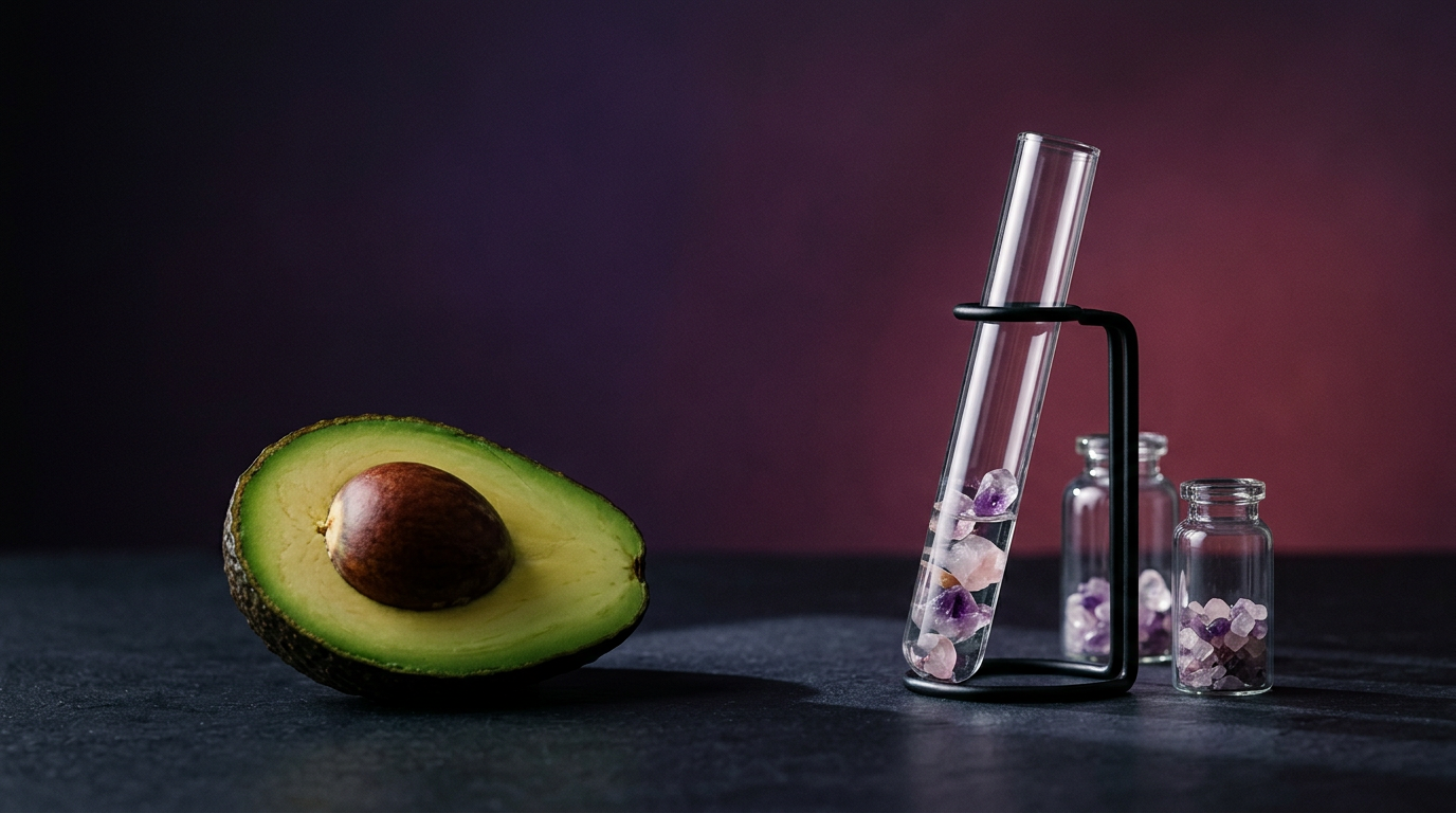Tubes de laboratoire et avocat sur fond violet sombre
