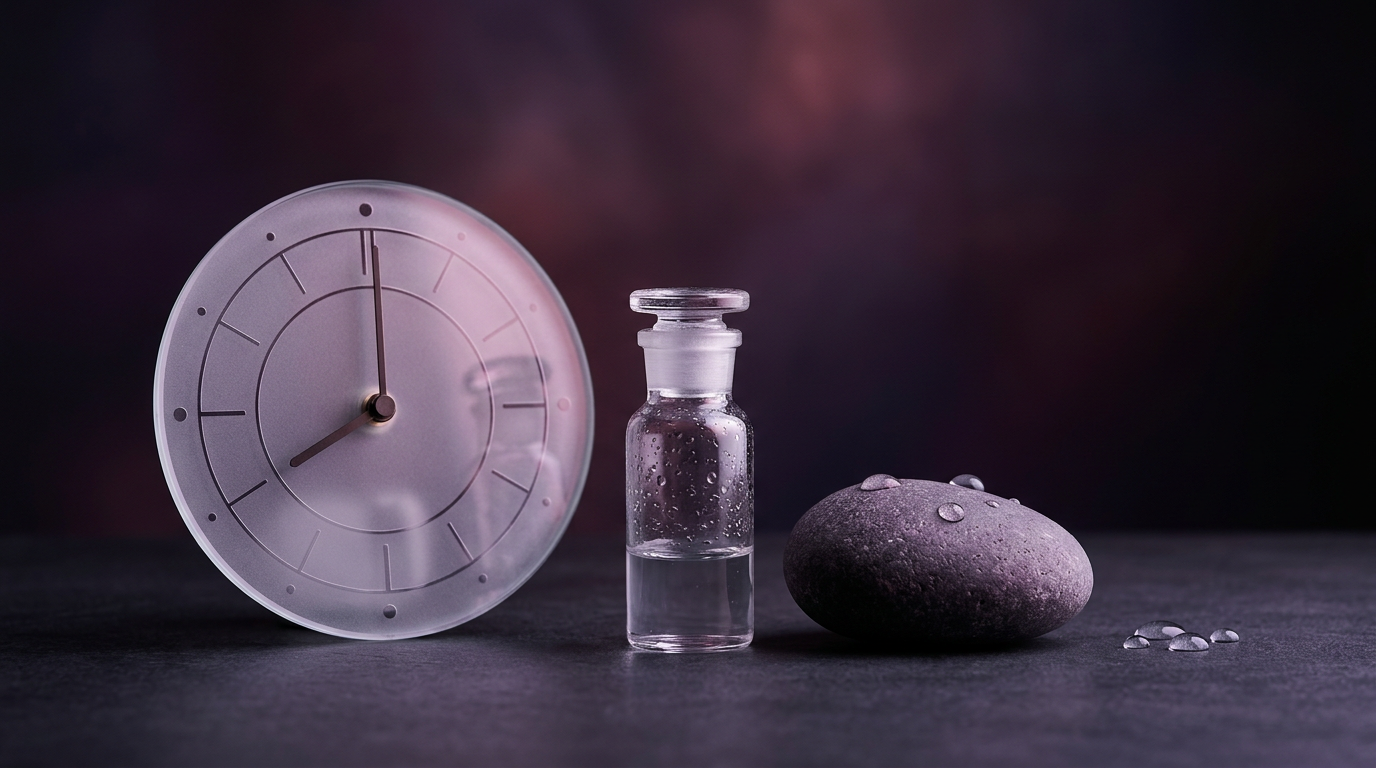 Horloge abstraite et verrerie sur fond violet sombre