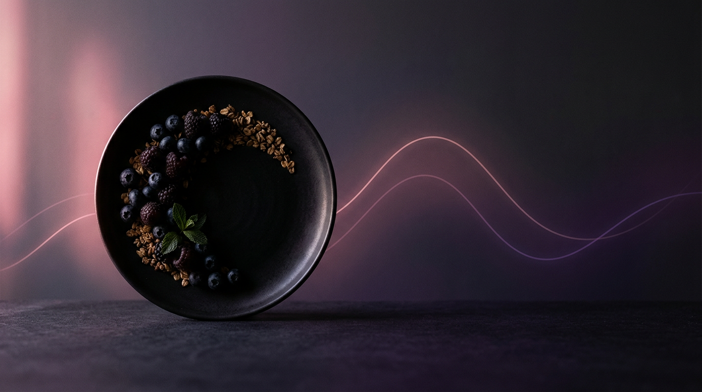 Assiette matinale abstraite avec courbe glycémique violette
