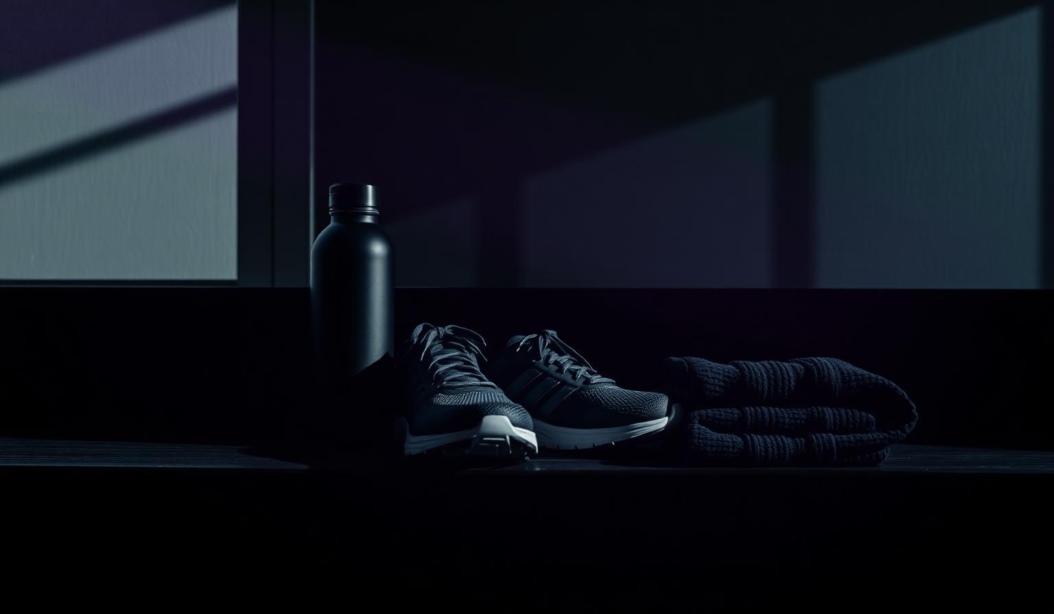 Chaussures de sport, bouteille et serviette sur banc sombre